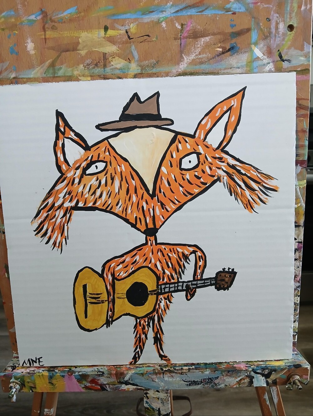 Fox Playing Guitar Folk Art On Cardboard